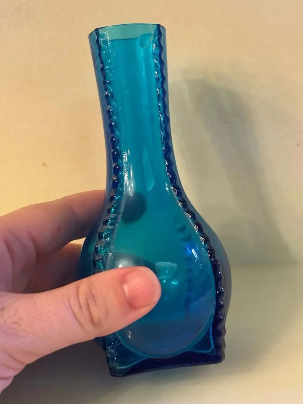 Vintage Indiana Glass Company Blue Glass mini Bud Vase with Beaded Edge